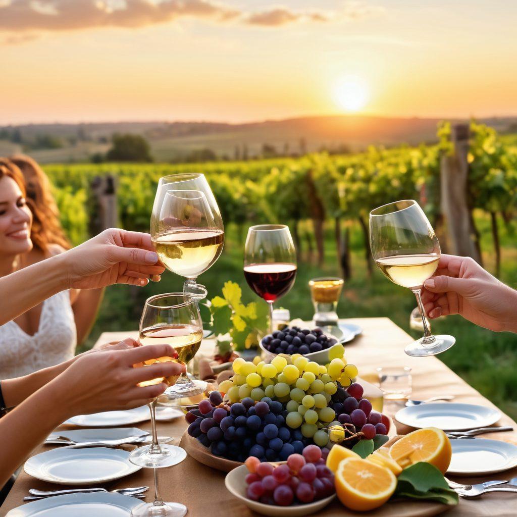 A beautifully set outdoor table adorned with an array of wine glasses, each filled with different wines. Surrounding the table are friends laughing, clinking glasses, and enjoying a sunset in a vineyard. Grapevines cascade in the background, symbolizing the journey from vine to glass. The atmosphere is warm and inviting, capturing the joy of celebrating life's moments. vibrant colors. super-realistic.