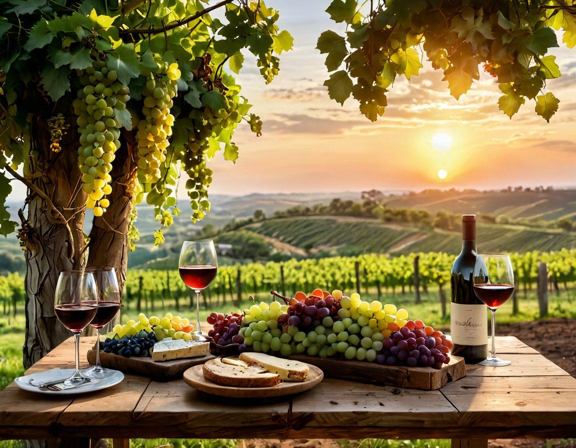 A serene vineyard landscape during golden hour, with sun-kissed grapes hanging from lush green vines. In the foreground, a rustic wooden table set with an array of wine glasses, a bottle of red wine, and a cheese platter. Soft ambiance with a distant sunset and laughter from a celebration in the background. Bright colors, warm lighting, evoking joy and celebration. super-realistic. vibrant colors. 3D.