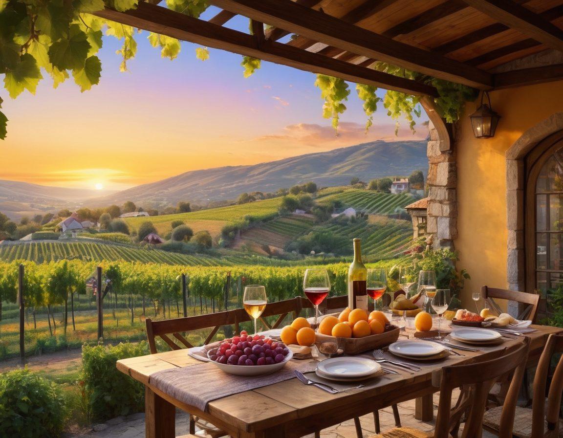 A picturesque vineyard at sunset, filled with friends clinking glasses of wine, laughter echoing among lush grapevines. The sky is a mix of warm oranges and soft purples, with a rustic wooden table adorned with an array of cheese and fruits. In the background, a charming cottage nestled among the hills enhances the community vibe. super-realistic. vibrant colors. warm tones.